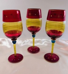Water Goblets Set of 3 Pier 1 Festive Stripe Party Wine Gold Accents 9.25″ READ