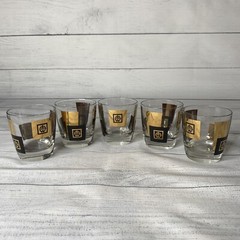 5 Vintage MCM Rock Glasses Black Gold Sputnik Retro Barware Glasses Advertising