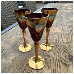 Vintage Bohemian Czech Ruby Gold Gilt Stems Cordial Glassed 5.5” (lof of 3)