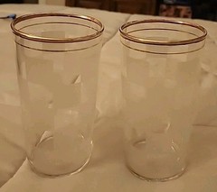 Four Federal Glass 12 oz Tumblers Clear & Frosted Checked With Double Gold Rim
