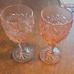 Unmarked Set of 2 Pink Pressed Glass Stemmed Goblet Drinking Glasses