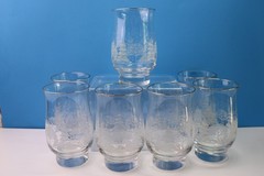 Libbey Arby’s Christmas White Frosty Pine Tree 7 Flat Glass Tumblers Gold Trim