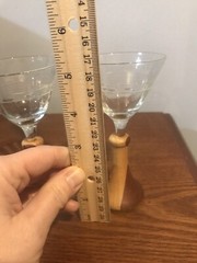 Vtg Set Of 2 Two Tone Wooden Stem Cordial Glasses Etched Flowers Handmade Base