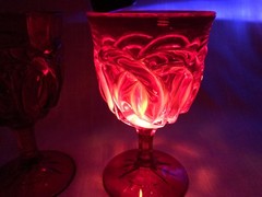 L.G. Wright Double Wedding Ring Ruby Goblets Cadmium Glass Set of 2 Ring of Fire