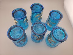 6 Antique Vintage Northwood Glass Blue Oriental Poppy Gold Tumblers 4 1/4″ Tall