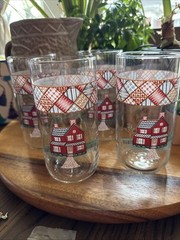 4 MCM Libbey Home Sweet Home Tumblers Country House Glasses Blue Red(maroon)