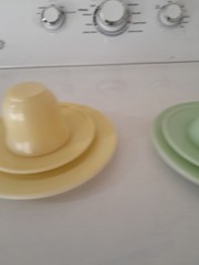 Vintage Hazel Atlas Little Hostess Child’s Tea Set (6) Pastel Moderntone Pattern