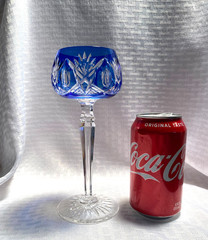 BOHEMIAN WINE GLASS COBALT BLUE CUT TO CLEAR CRYSTAL TEAR DROP STEM BOHEMIA