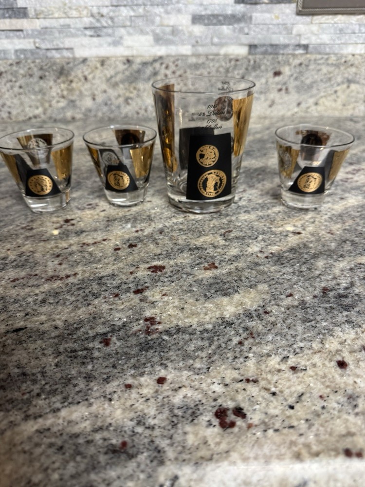 LOT 4 Vintage Cera MCM American Dollar Coin Glasses 22-Karat Gold