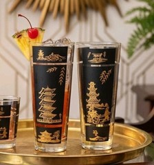 VTG MCM 22K Gold Chinoiserie Highball Glass Set 2 Black Pagoda Hollywood Regency