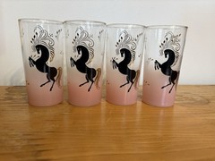 Set of four vintage Libbey frosted pink highball glasses horses 22K Gold Accents