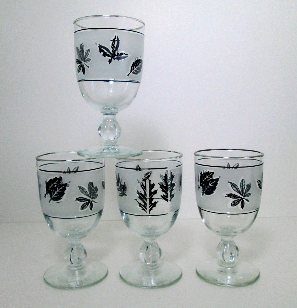 4 Libbey Silver Foliage Goblets 5 1/2″ Footed Tumblers 11 oz Leaf Vintage MCM