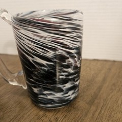 Hand Blown Glass Mug, Cup, Glass Swirls Of Black, Maroon 15oz