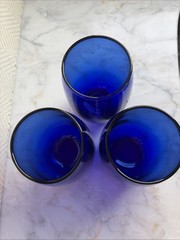 Set Of 3 Vintage Cobalt Blue Hand Blown Tumbler Or Stemless Wine Glasses