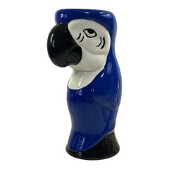 3D Blue Parrot Ceramic Tiki Tumbler – White Face Black Beak – Hawaiian Party EUC