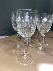 Vintage Set Of Six Clear cut Crystal Wine Goblets with faceted stems.