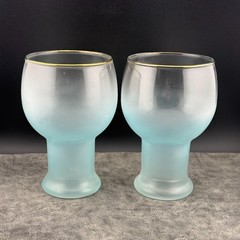 TWO (2) Vintage Federal Glass Company Frosted Blue Tumblers Cups Gold Rim 5.5″H