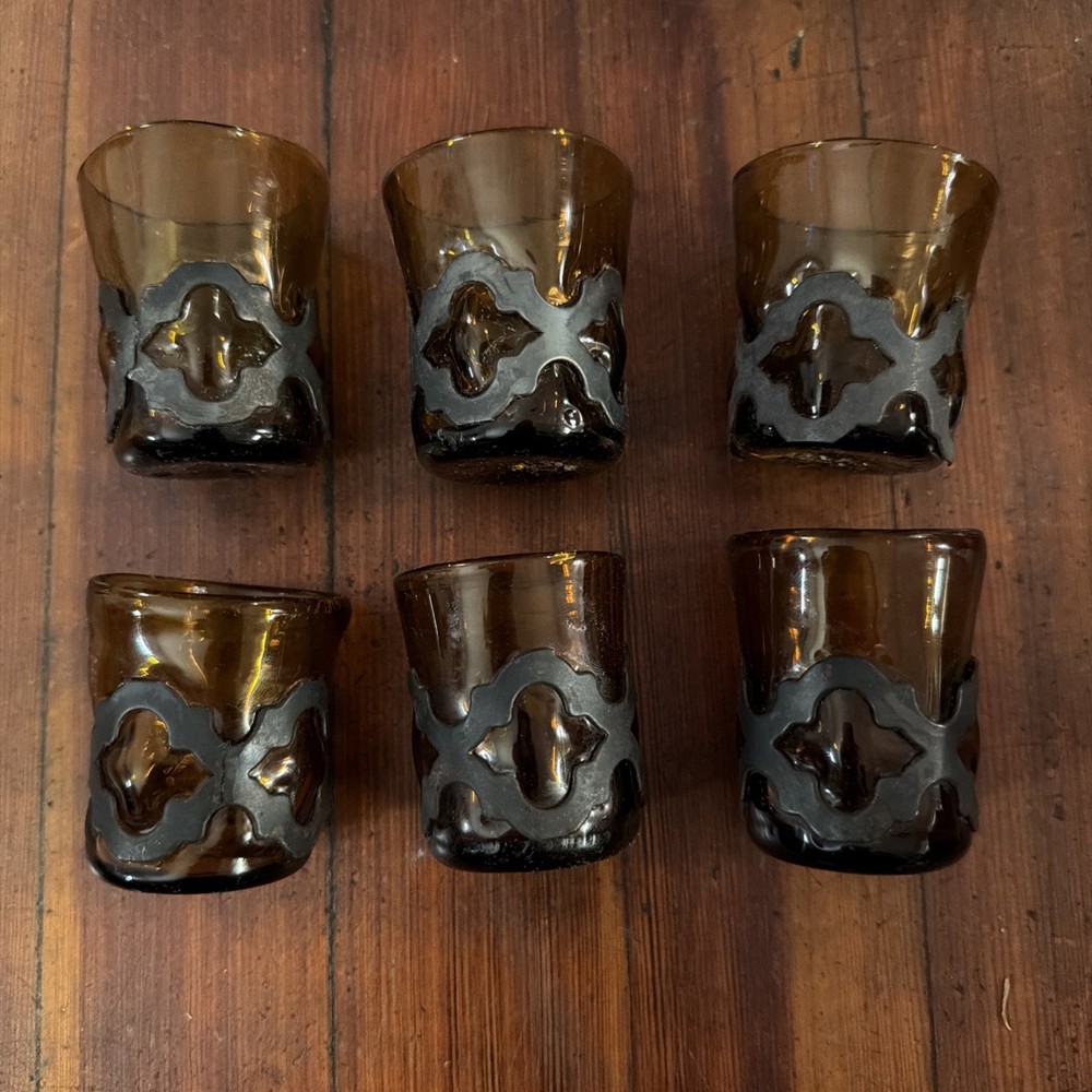 Felipe Derflingher Shot Glasses Amber Encased Hand Blown Glass Brutalist MCM Vtg