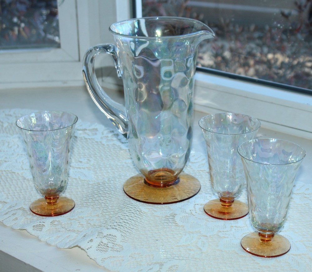 Vtg FOSTORIA CELLINI Loop Optic 5093 Amber ICED TEA GLASSES & PITCHER Lot AP