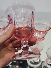 set (5) Wine Goblets Glasses 4-1/4″ Crystal Fostoria Jamestown Swirl Pink