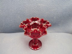 Fenton Art Glass Thumbprint Ruby Double Crimp Compote 6 1/8″T x 5 3/4″W
