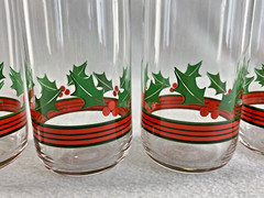 Vintage Libbey Holiday Christmas Glasses Red Green Stripes Holly 12 oz Set of 4