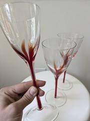 Set of Three Orange/Red Flame Glass Wine Glasses Hand Blown Art Glass