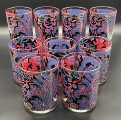 Vintage MCM 22K Gold Culver Purple Paisley Highball Lowball Glassware Set Of 9