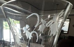 Set of 3 Vintage Crystal Wine Glasses Etched Floral & Leaf Pattern 7.25”H