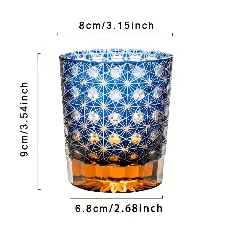 Handcrafted Vintage Amber Whiskey Tumbler, Blue Plaid, Dishwasher Safe Home Use