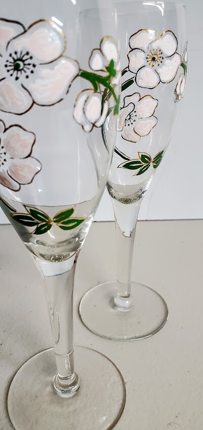 Vintage Pair Perrier Jouet Hand Painted Floral Champagne Glass Flutes Beautiful