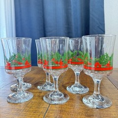 Libbey Glass Company Vtg Christmas Holly & Berries Water Wine Goblets Set Of 6