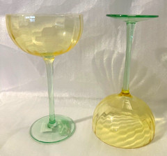 SET OF 2 YELLOW & GREEN STEMMED CRYSTAL CHAMPAGNE COUPES NEW