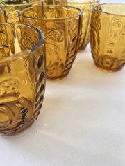 Vintage Amber Glass Cups Set of 7 Grandmillennial Boho MCM Medallion Tumblers