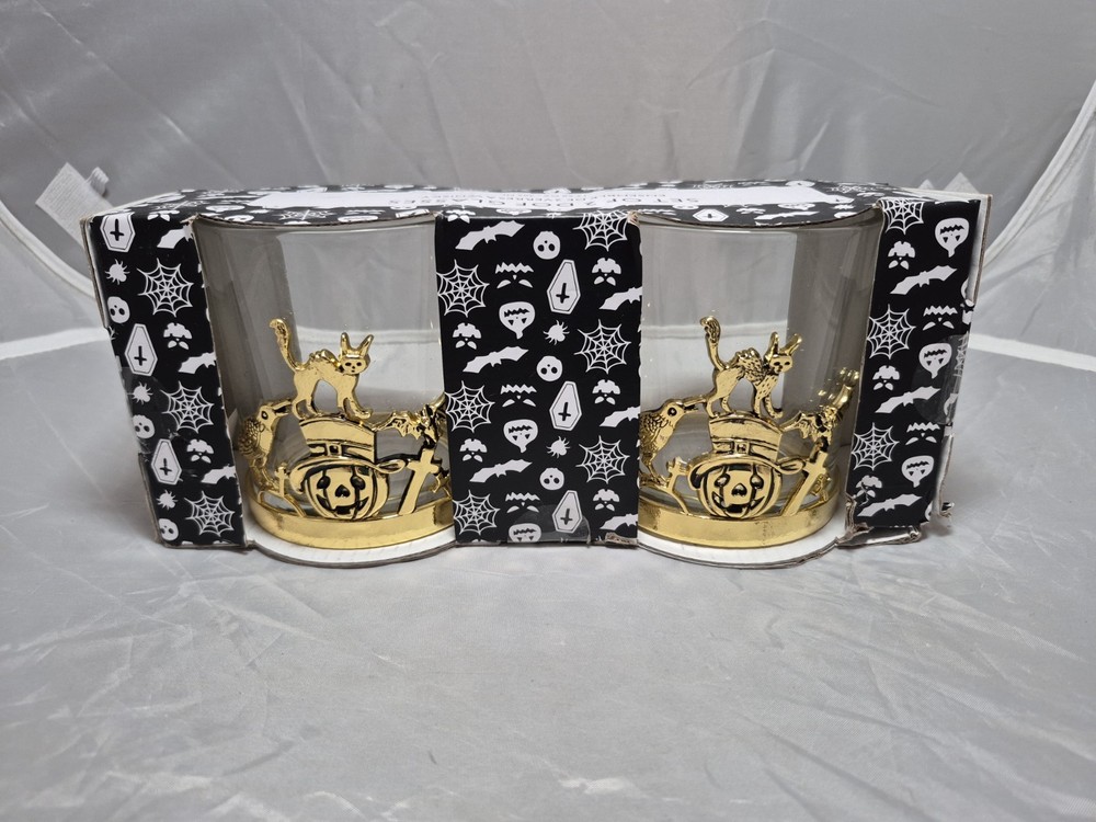 💥 Gold Tone Decorative Halloween Base Double Old Fashioned Glasses Set of 2 A6
