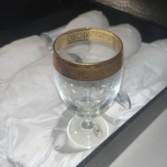 J Preziosi Lavorato A Mano, Italy Wine/Water Glasses Set 6 Gold Trim 5.5″ w Box