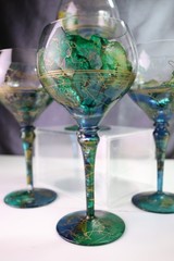 Monarch Lagoon Red Wine Glasses Green Gold Blue Hand Painted Art Glass Set of 4