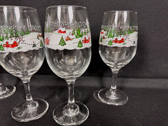 4 Vintage Libbey Christmas Winter Village Countryside Snow Scene Goblets 7 1/2″