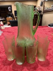 1920s Federal Glass Corded Optic Green Uranium Lemonade Set Pitcher & 6 Glasses
