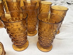 Set Of 4 Vintage Indiana Glass Whitehall Cubist Amber Footed Glasses 6 Inch Tall
