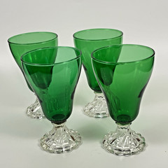 Vintage Emerald Green Goblets Set of 4 Clear Footed Stemware Wine Glasses