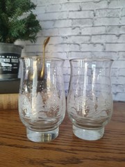 2 Glass Tumbler Winter Scene Christmas Etched Snow Trees Gold Rim ? Libby?