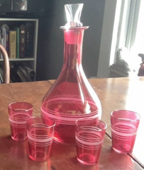 Vintage Cranberry Cordial Liqueur Set. Flask With 4 Glasses Cut to Clear Top.