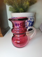 Set Of Two Red Small Vases /Pitcher Handles and Dimples Handblown Glass