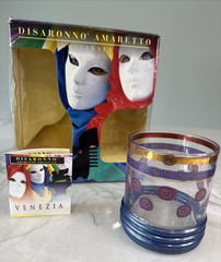 VTG Sakura Sango Sue Zipkin Rocks Glass Blue Base Promo Disaronno Amaretto w Box