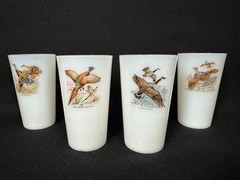 4 Vintage White Milk Glass 5″ Tumblers Game Bird Goose Pheasant Duck Grouse