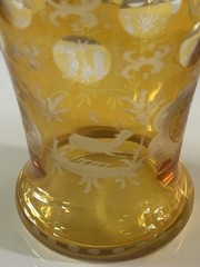 19th Century Bohemian Footed Glass ~ Amber Flashed & Engraved 4 3/4” x 3 1/2