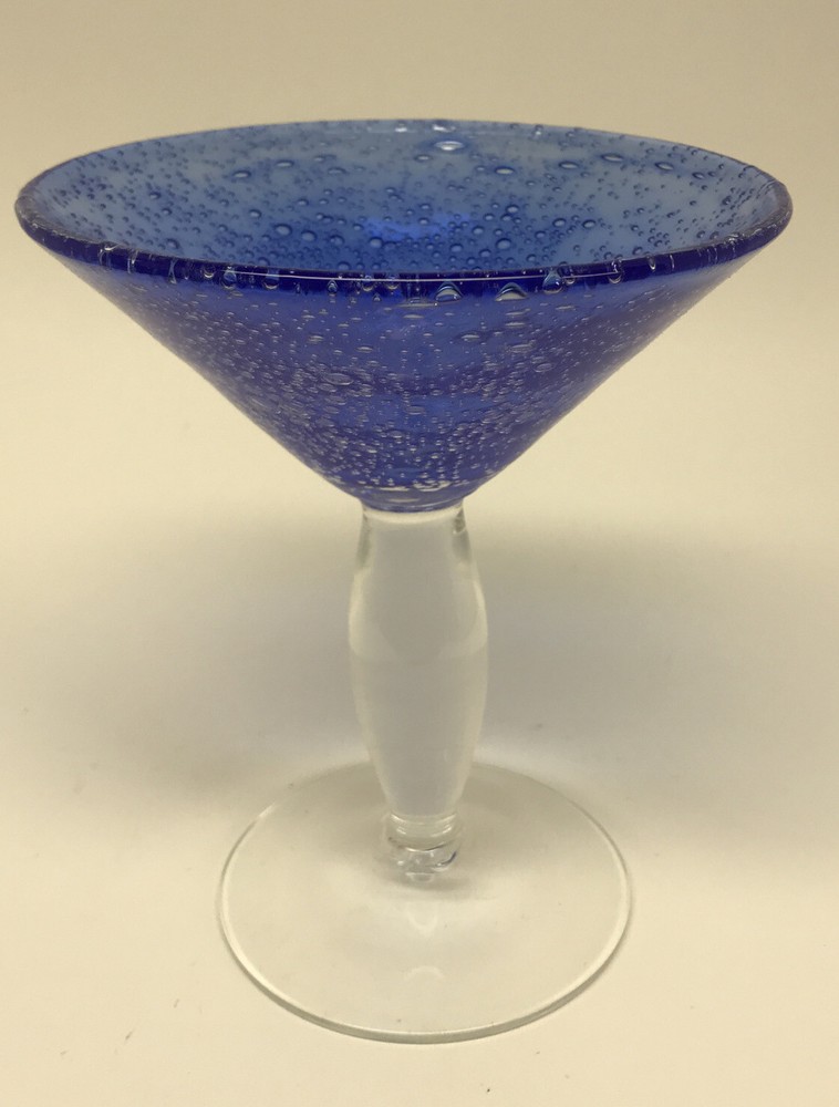 hand blown cobalt blue bubble martini glass clear stem and base rough pontil