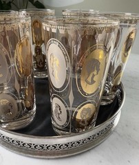 6 MCM HIGHBALL COCTAIL GLASSES GOLD COURTESAN FEMALE PORTRAITS & FORMICA TRAY.