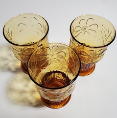 3 Vtg Libbey Country Garden Daisy Glasses Amber Tumblers Boho Retro Gold Flowers